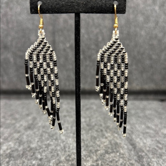Black and Silver Geometric Drop Earrings - Picture 2 of 3